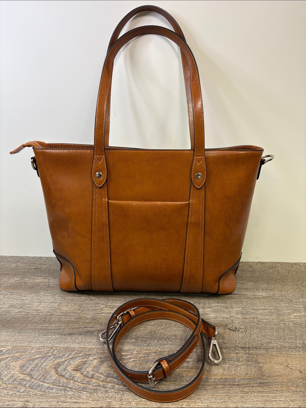 S-Zone Genuine Leather Cognac Tote Bag Convertible Crossbody Purse